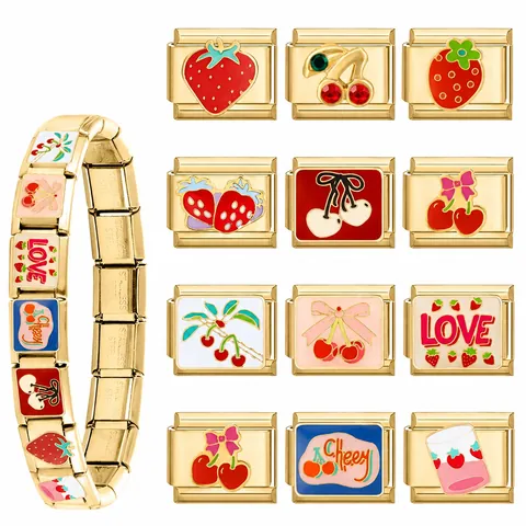 Gold Stainless Steel Italian Charm Link Strawberry Cherry Fruit Enamel Bracelet Module For DIY Personalized Jewelry Making Accessories For Women Gift