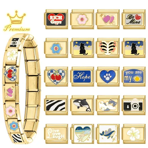 Gold Stainless Steel Italian Charm Links For Bracelet DIY Jewelry Making Enamel Floral Heart Animal Pattern Modular Links For Women
