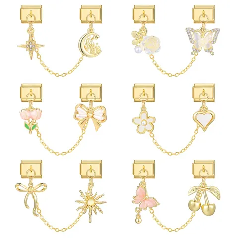 Gold Stainless Steel Italian Charm Bracelet Links Enamel Flower Butterfly Star Castle Pendant DIY Jewelry Charms