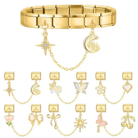 Gold Stainless Steel Italian Charm Bracelet Links Enamel Flower Butterfly Star Castle Pendant DIY Jewelry Charms