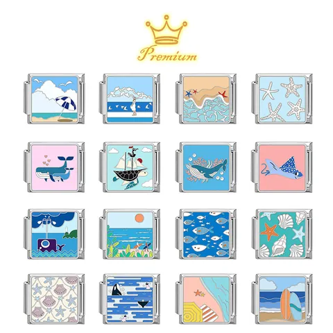 Italian Charm Links For Bracelet Stainless Steel Ocean Series Whale Turtle Starfish Shell Enamel DIY Jewelry Making Modular Bracelet Links