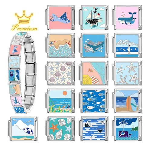 Italian Charm Links For Bracelet Stainless Steel Ocean Series Whale Turtle Starfish Shell Enamel DIY Jewelry Making Modular Bracelet Links