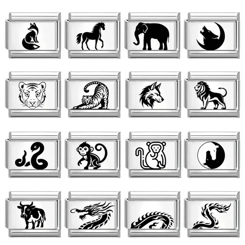 Eslabón de Charms Italianos de Acero Inoxidable para Pulseras Animales Zorro Caballo Elefante Lobo Tigre León Dragón Joyería