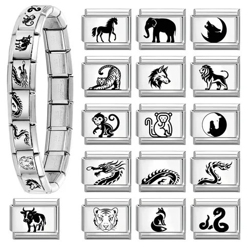 Eslabón de Charms Italianos de Acero Inoxidable para Pulseras Animales Zorro Caballo Elefante Lobo Tigre León Dragón Joyería