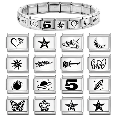 DIY Italian Charms For Modular Bracelet Stainless Steel Engraved Heart Star Cow Print Moon Link Jewelry Making Accessory