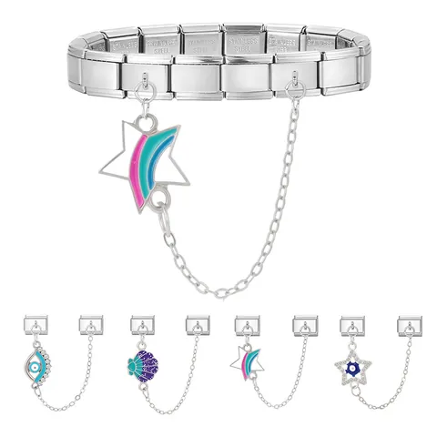 DIY Italienisches Charm Armband Modul Edelstahl Böses Auge Stern Muschel Emaille Strass Sicherheitskette Gliederschmuck Damen
