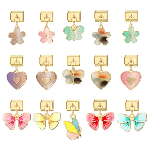 DIY Ιταλικό Charm Βραχιόλι Σύνδεσμος Ανοξείδωτο Ατσάλι Χρυσό Σμάλτο Καρδιά Λουλούδι Πεταλούδα Φιόγκος Αξεσουάρ Κοσμημάτων για Γυναίκες