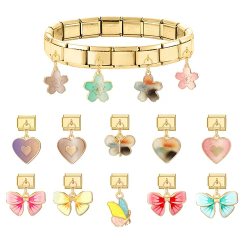 DIY Ιταλικό Charm Βραχιόλι Σύνδεσμος Ανοξείδωτο Ατσάλι Χρυσό Σμάλτο Καρδιά Λουλούδι Πεταλούδα Φιόγκος Αξεσουάρ Κοσμημάτων για Γυναίκες
