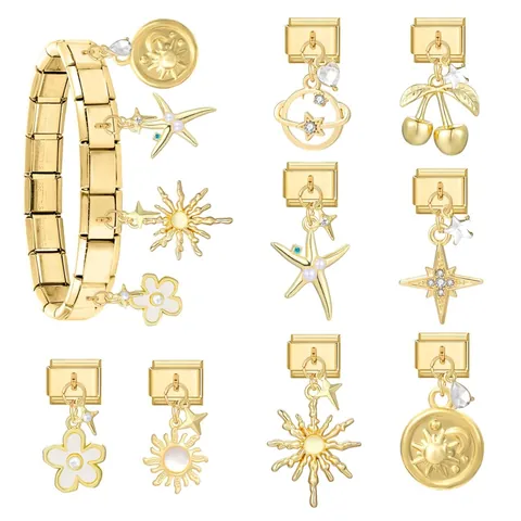 Edelstahl Italienische Charm Armband Glieder Vergoldet DIY Stern Sonne Planet Kirsche Blume Seestern Schmuckherstellung Anhänger