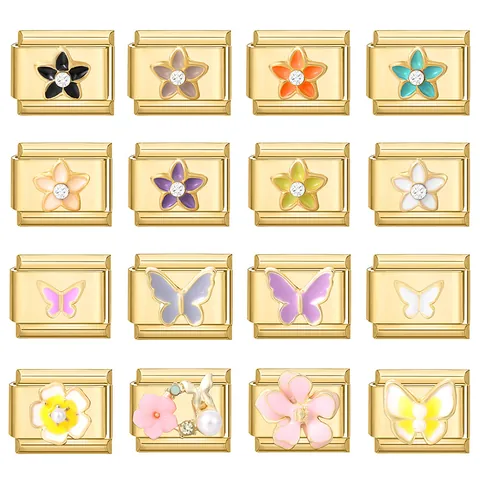 DIY Italienisches Charm Armband Glieder Edelstahl Vergoldet Emaille Blume Schmetterling Charms Für Damen Schmuckherstellung