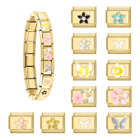 DIY Italienisches Charm Armband Glieder Edelstahl Vergoldet Emaille Blume Schmetterling Charms Für Damen Schmuckherstellung