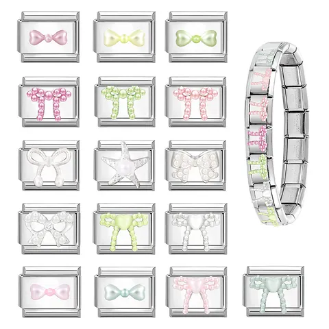 DIY Italian Charm Bracelet Links Ανοξείδωτο Ατσάλι Φιόγκος Αστέρι Καρδιά Σχέδιο Χρώματα Macaron Τεχνητό Μαργαριτάρι Charms για Γυναίκες Έφηβους Κοσμήματα