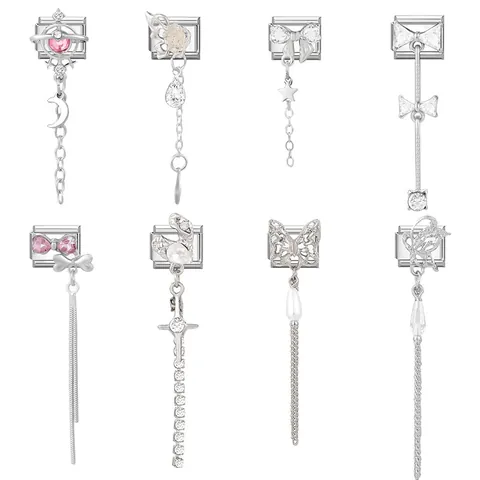 DIY Italian Charm Bracelet Stainless Steel Modular Links Butterfly Heart Moon Star Rhinestone Tassel Pendants Fashion Jewelry Making Accessories