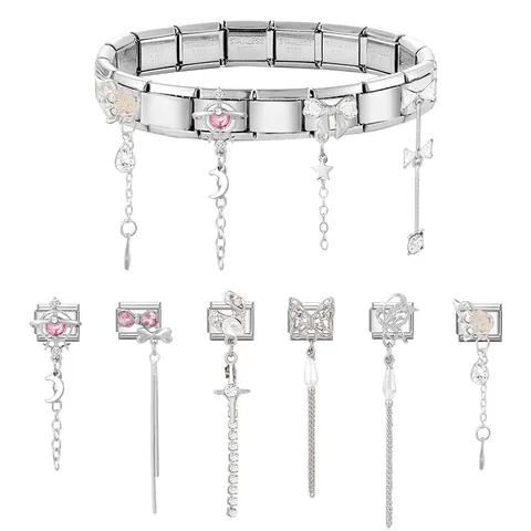 DIY Italian Charm Bracelet Stainless Steel Modular Links Butterfly Heart Moon Star Rhinestone Tassel Pendants Fashion Jewelry Making Accessories