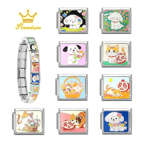 Stainless Steel Italian Charm Bracelet Links Cartoon Pet Cat Dog Enamel Drip Oil Pomegranate DIY Jewelry Accessories