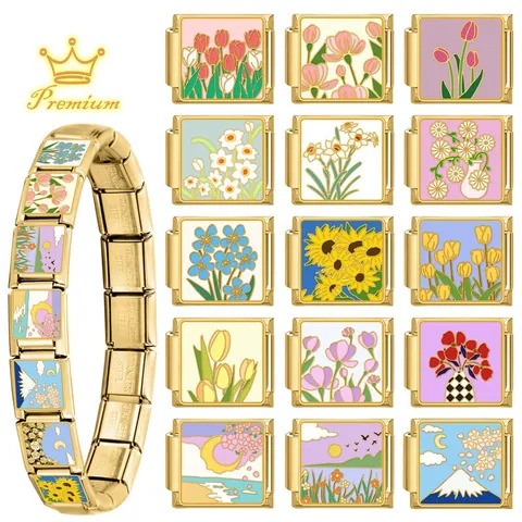 DIY Italienisches Charm-Glied Für Die Armbandherstellung Vergoldeter Edelstahl Florales Emaille Modulares Glied Damen Schmuck Geschenk