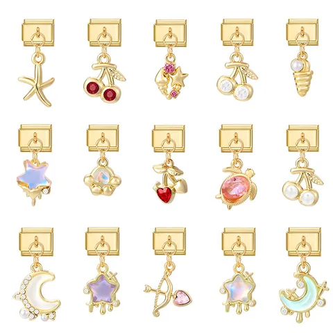 DIY Italian Charm Bracelet Link Stainless Steel Gold Plated Dangle Pendant Cherry Starfish Moon For Modular Bracelet Jewelry Making