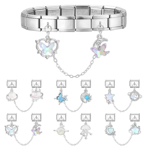 Italian Charm Bracelet Links Stainless Steel DIY Double Dangle Charms Planet Heart Butterfly Jellyfish Star Moon Jewelry Making