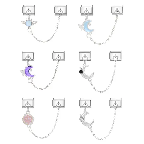 Edelstahl Italienische Charm Armband Links Mit Sicherheitskette Mond Stern Rose Schmetterling Modulare DIY Schmuckherstellung Zubehör Für Damen