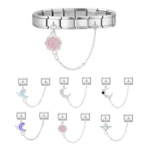 Edelstahl Italienische Charm Armband Links Mit Sicherheitskette Mond Stern Rose Schmetterling Modulare DIY Schmuckherstellung Zubehör Für Damen