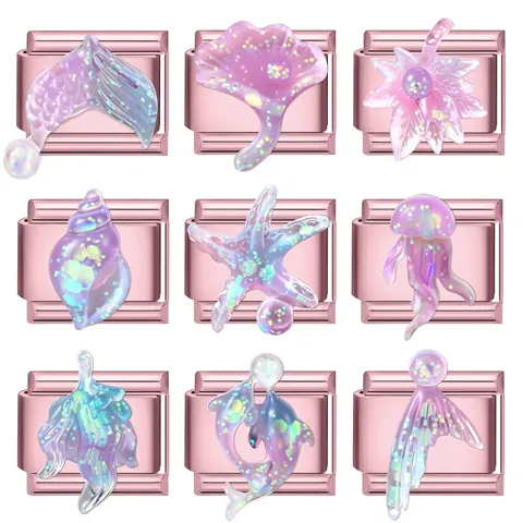Italian Charm Bracelet Links Stainless Steel Rose Gold Marine Theme DIY Jewelry Findings Iridescent Resin Sea Shell Starfish Fish Tail Modular Charms For Women