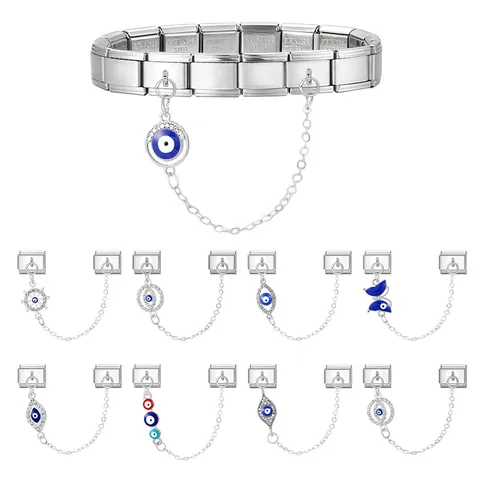 Stainless Steel Evil Eye Italian Charm Bracelet Link Pendant For DIY Jewelry Making Vintage Butterfly Heart Star Blue Enamel Zirconia Dangle Accessory Women