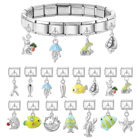 Charm per Bracciale Modulare in Acciaio Inossidabile Stile Italiano Pendente Animale Marino Smalto Accessori per Gioielli Fai-da-te per Donna