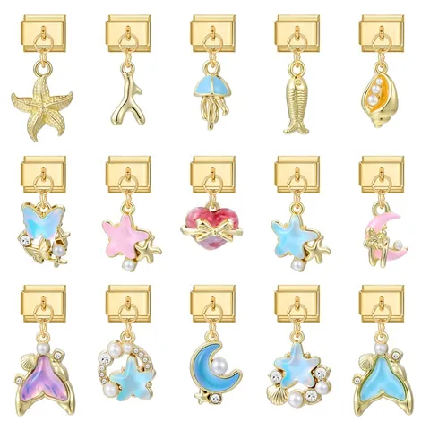 Gold Stainless Steel Italian Modular Charm For Bracelet DIY Enamel Sea Star Jellyfish Shell Heart Pendant Jewelry Link Component