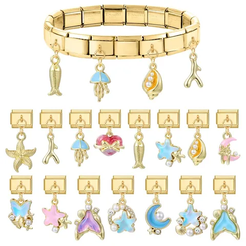 Gold Stainless Steel Italian Modular Charm For Bracelet DIY Enamel Sea Star Jellyfish Shell Heart Pendant Jewelry Link Component