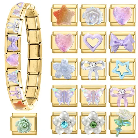 DIY Italienisches Charm Armband Glieder Vergoldeter Edelstahl Modulare Charms Herz Schmetterling Rose Damen Schmuckherstellung