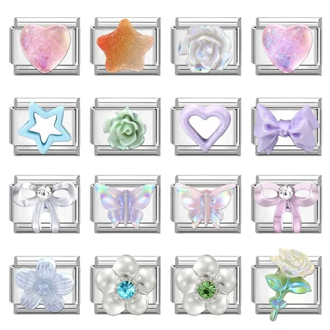DIY Edelstahl Italian Charm Armband Glieder Modularer Schmuck Zubehör Für Damen Herz Rose Schmetterling Stern Schleife Muster Schmuckherstellung Geschenk