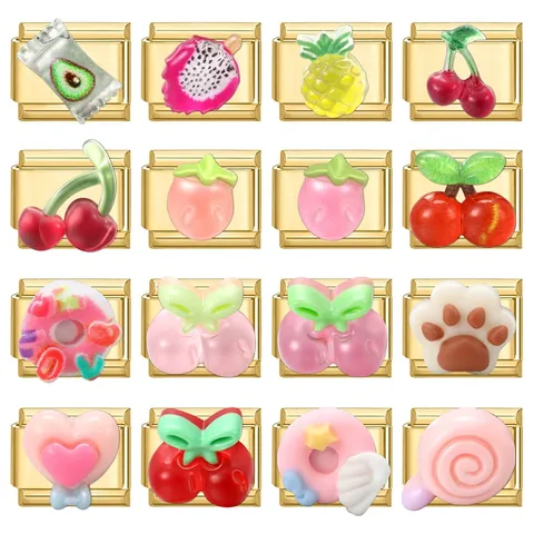 DIY Italian Charm Bracelet Links Stainless Steel Gold Plated Fruit Donut Candy Pattern Modular Charms For Jewelry Making Women