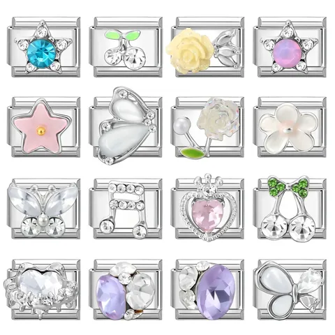 Edelstahl Italienische Charm Armband Glieder DIY Modulare Schmuckkomponenten Für Damen Stern Herz Schmetterling Floral Strass Emaille Charms