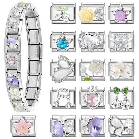 Edelstahl Italienische Charm Armband Glieder DIY Modulare Schmuckkomponenten Für Damen Stern Herz Schmetterling Floral Strass Emaille Charms