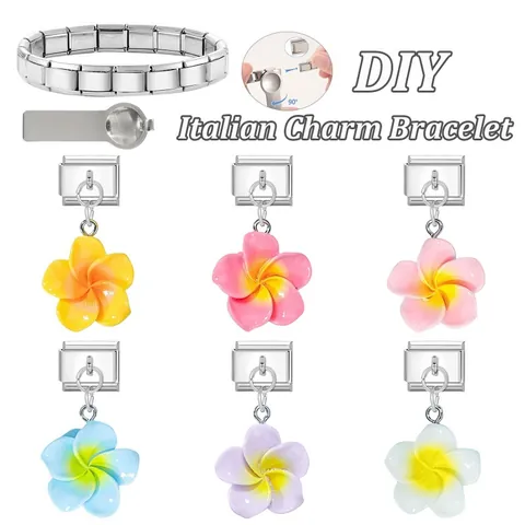 Stainless Steel Italian Charm Link Dangle Plumeria Flower DIY Bracelet Modular Component Fashion Jewelry Accessory For Women