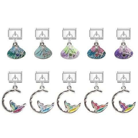 Stainless Steel Italian Charms For DIY Bracelet Mermaid Tail Sea Shell Enamel Rhinestone Marine Theme Jewelry Links