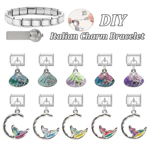 Stainless Steel Italian Charms For DIY Bracelet Mermaid Tail Sea Shell Enamel Rhinestone Marine Theme Jewelry Links