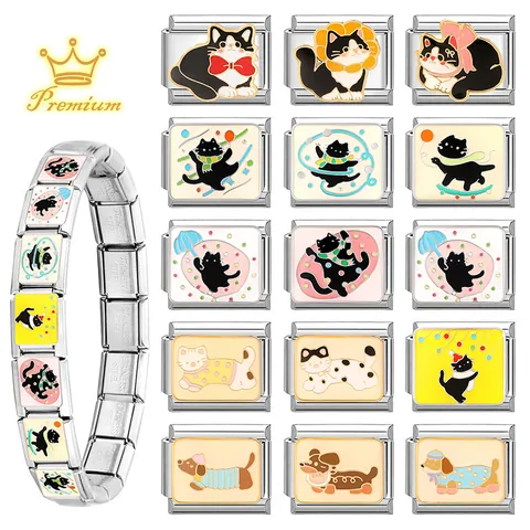 Stainless Steel DIY Italian Charm Bracelet Link Cute Cartoon Animal Enamel Cat Dog Modular Jewelry Making Accessory