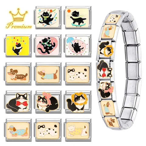 Stainless Steel DIY Italian Charm Bracelet Link Cute Cartoon Animal Enamel Cat Dog Modular Jewelry Making Accessory