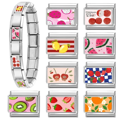 Stainless Steel Italian Charm Links Fruit Pattern DIY Modular Bracelet Accessories For Jewelry Making Women Strawberry Lemon Gift