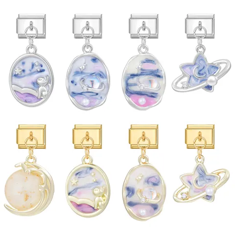 Stainless Steel Italian Charm Bracelet Link Starry Sky Enamel Cat Moon Planet Dangle For DIY Jewelry Making Women Gift