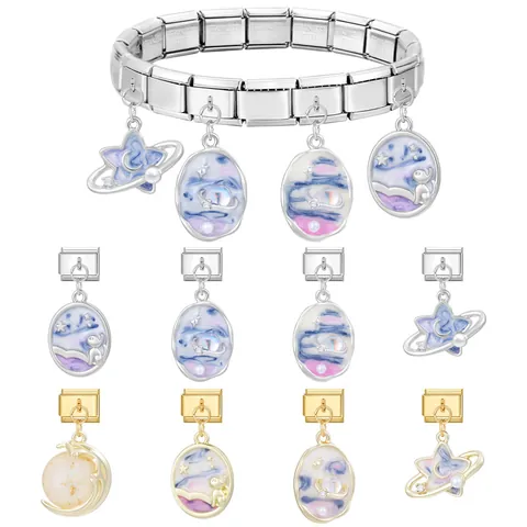 Stainless Steel Italian Charm Bracelet Link Starry Sky Enamel Cat Moon Planet Dangle For DIY Jewelry Making Women Gift