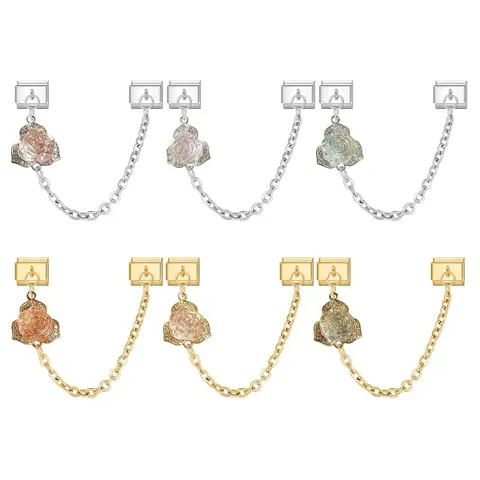 Italian Charm Modular Bracelet Pendant Stainless Steel Rose Flower Dangle Charm With Safety Chain For DIY Jewelry Making Women Accessory