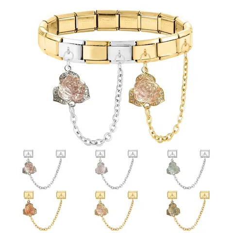 Italian Charm Modular Bracelet Pendant Stainless Steel Rose Flower Dangle Charm With Safety Chain For DIY Jewelry Making Women Accessory