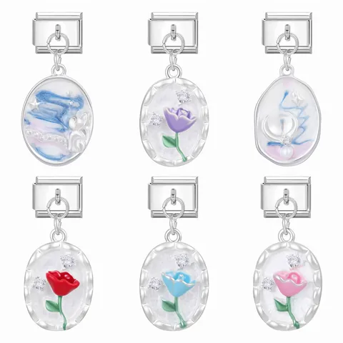Italian Charm Bracelet Pendant Oval Stainless Steel Enamel DIY Modular Charms For Bracelet Flower Rabbit Starry Sky Jewelry Accessories
