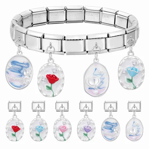 Italian Charm Bracelet Pendant Oval Stainless Steel Enamel DIY Modular Charms For Bracelet Flower Rabbit Starry Sky Jewelry Accessories