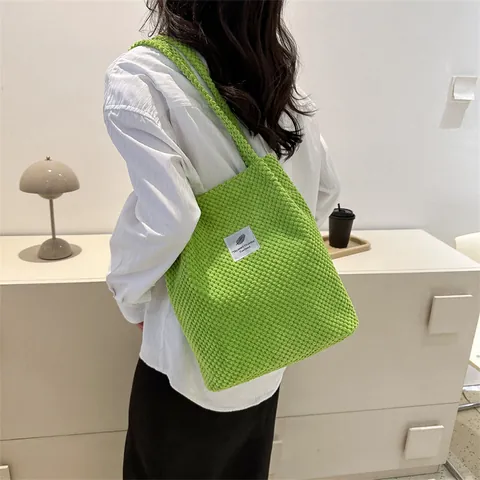 Women Large Capacity Waffle Texture Tote Bag Minimalist Cotton Blend Shoulder Bag Casual Solid Color Handbag For School Office