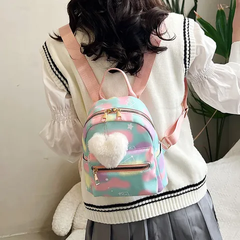 Women Girls Mini Backpack Gradient Tie Dye Nylon Small School Bag With Heart Plush Pendant Heart Star Printed Fashion Casual Daypack