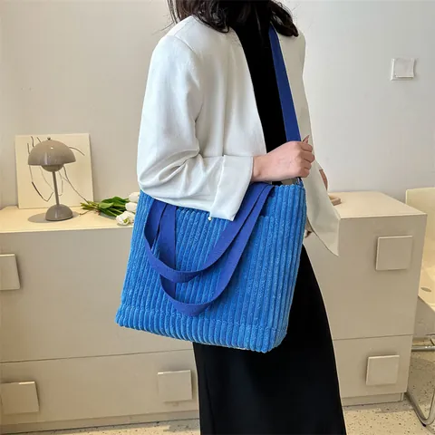 Bolso Tote de Pana Grande para Mujer Bolso de Mano Casual Minimalista Con Correa de Hombro Ajustable Color Sólido Retro