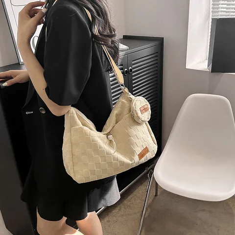 Borsa Tote da Donna in Tela a Scacchiera di Grande Capacità Con Portamonete Rotondo Tracolla Larga Regolabile Casual